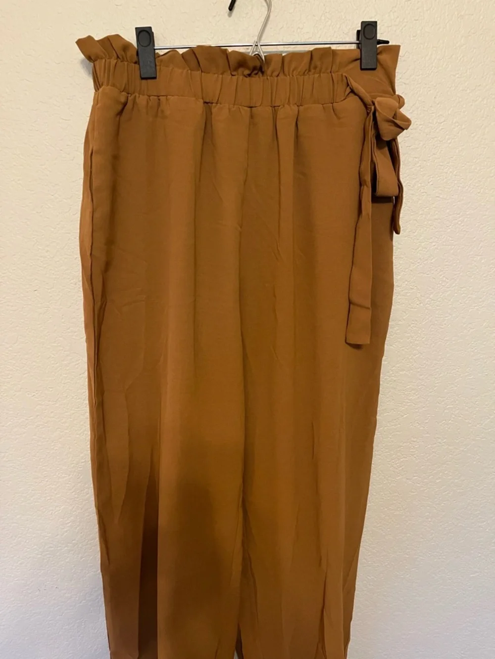 NWT Cupshe Brown Elastic Pants Side Bow-Knot Tie Tapered Legs Size Large